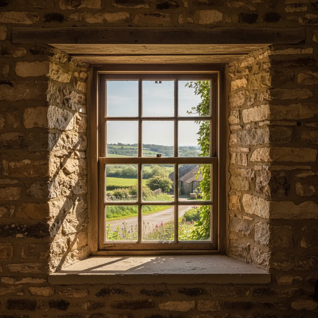 Interior view through a wooden window in a stone wall looking at a country road