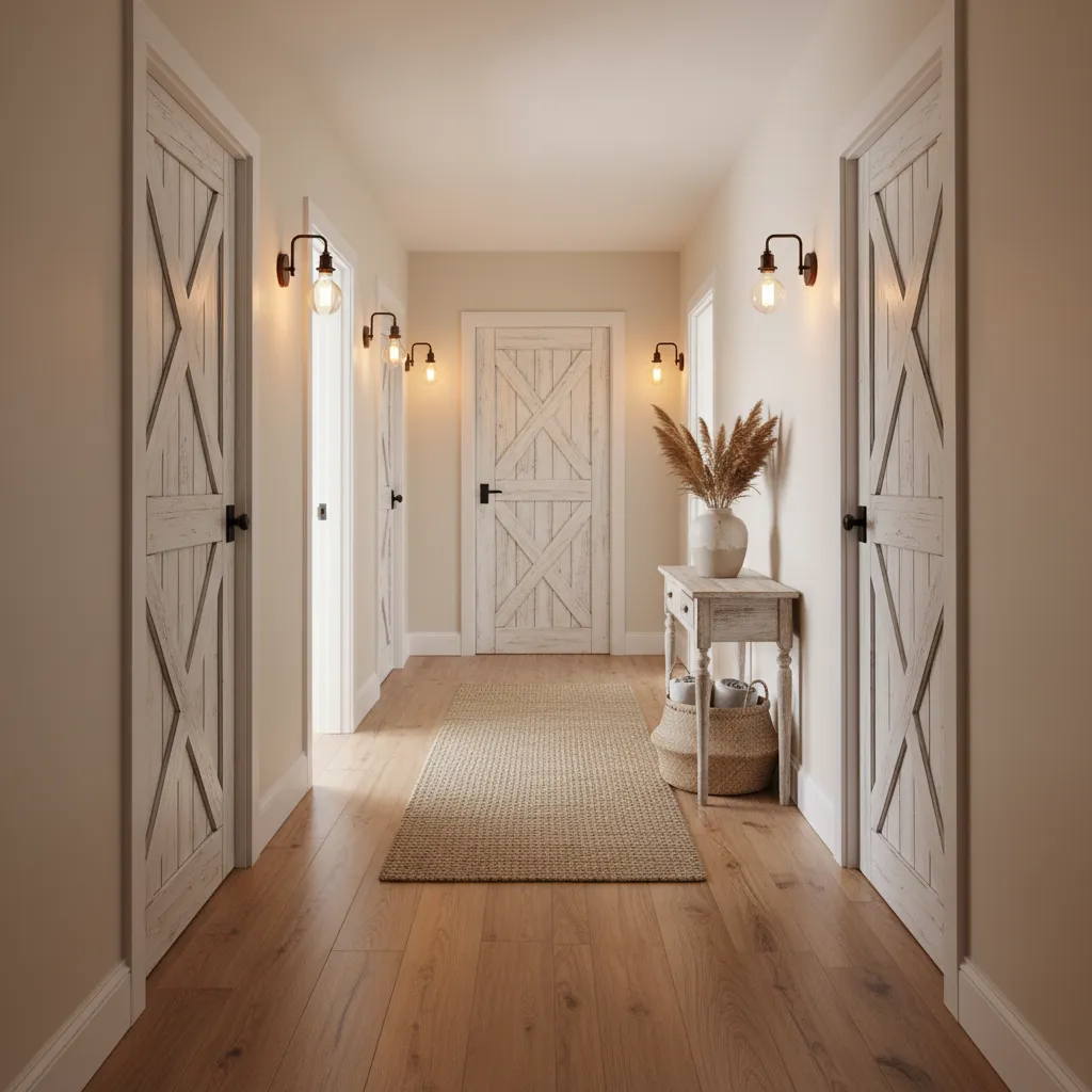 Pasillo con varias puertas rústicas blancas y decoración cálida