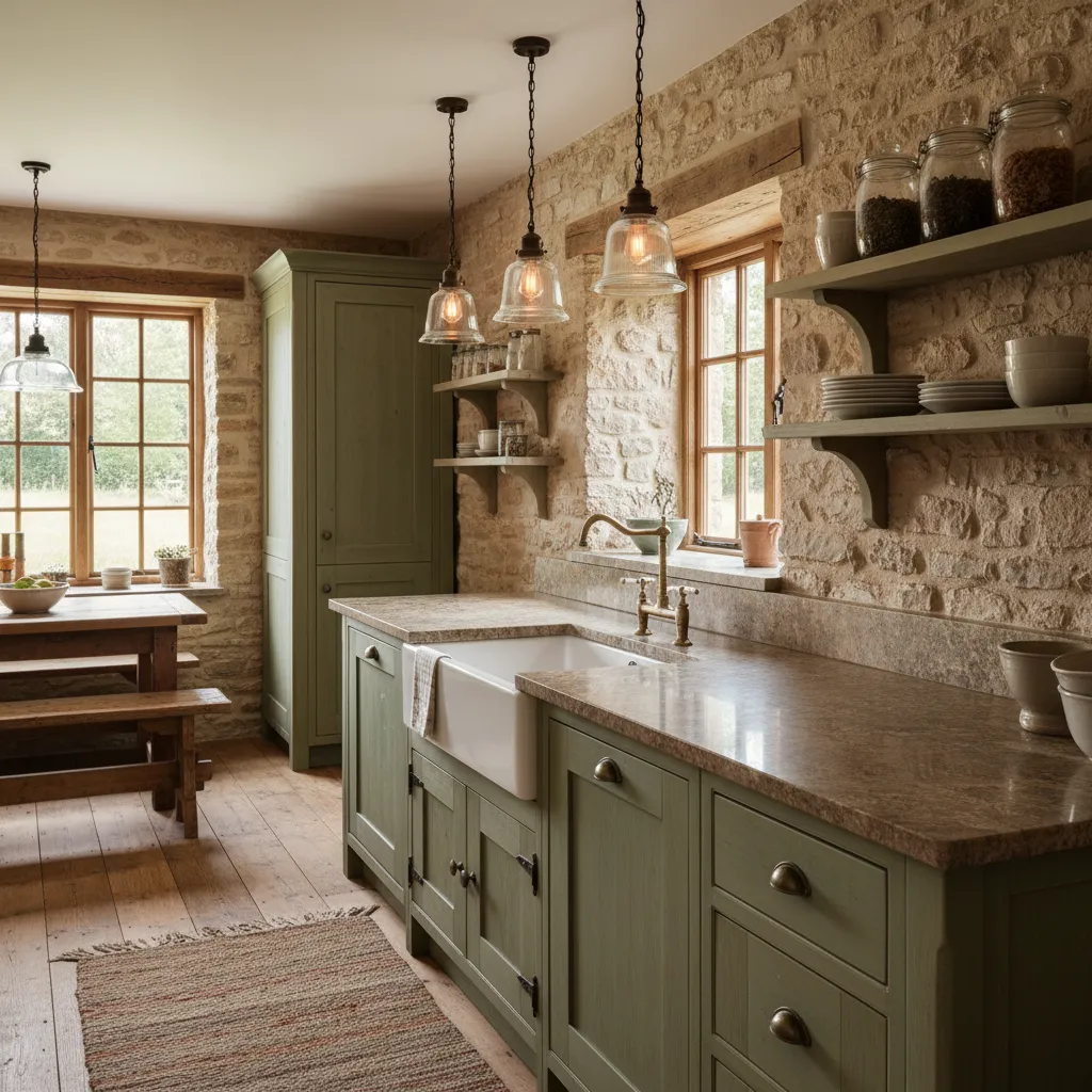 Rustic kitchen with green cabinets, stone walls, hanging ceiling lights, white sink, and wooden dining table