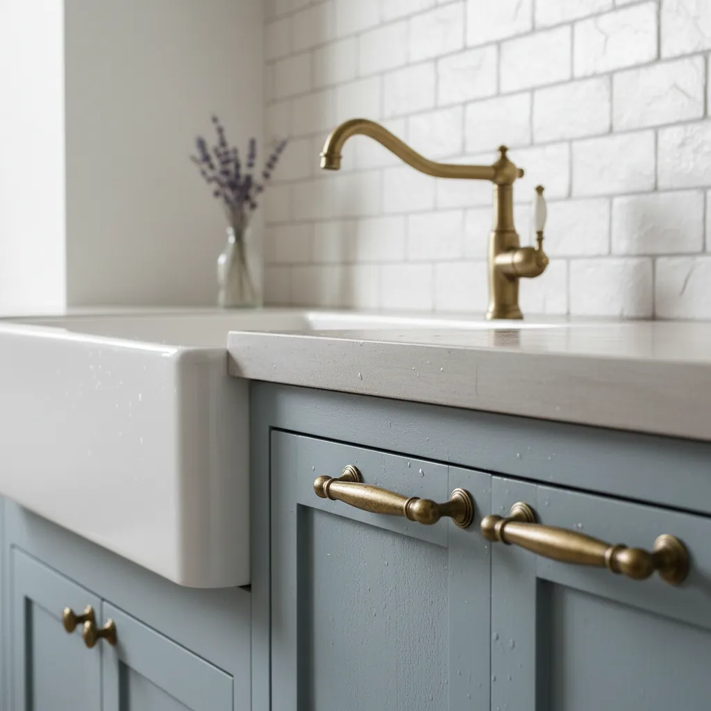 Close up of rustic brass kitchen handles and farmhouse style faucet