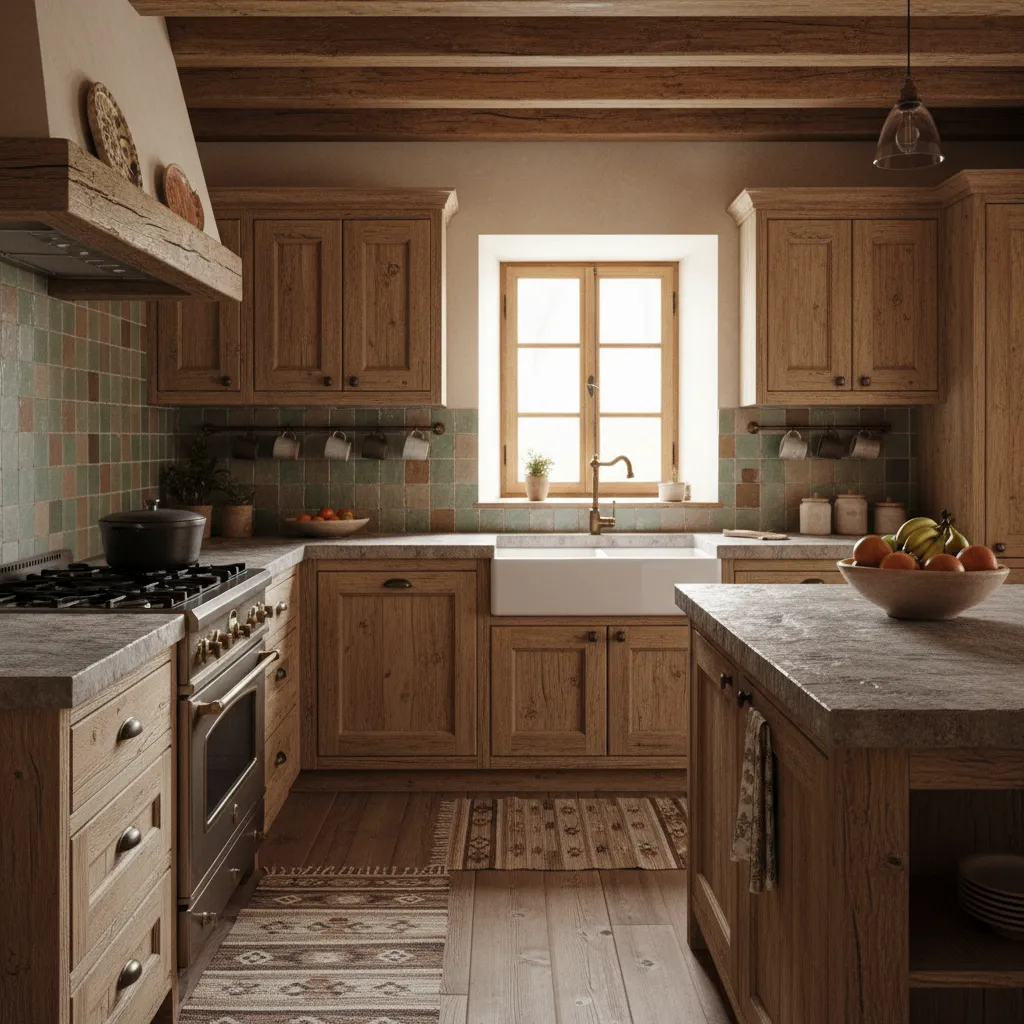 Rustic kitchen with wooden cabinets white sink stone counters tiled wall window and ceiling beams