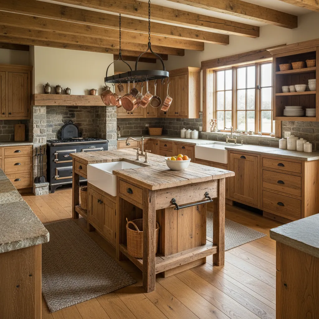 Large rustic kitchen featuring wooden island hanging pots wood cabinets stone wall and many windows