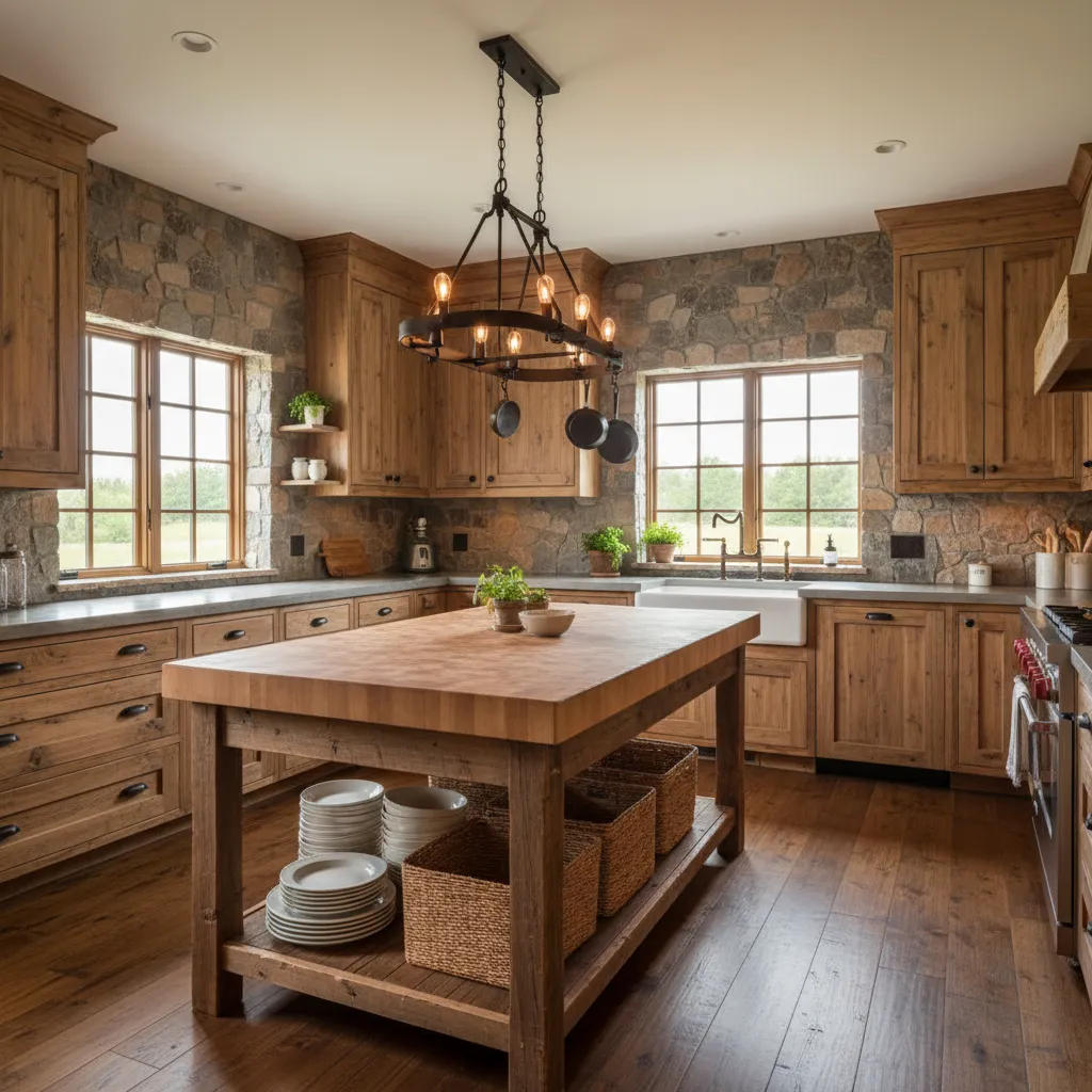 Cocina rústica bien distribuida con isla central