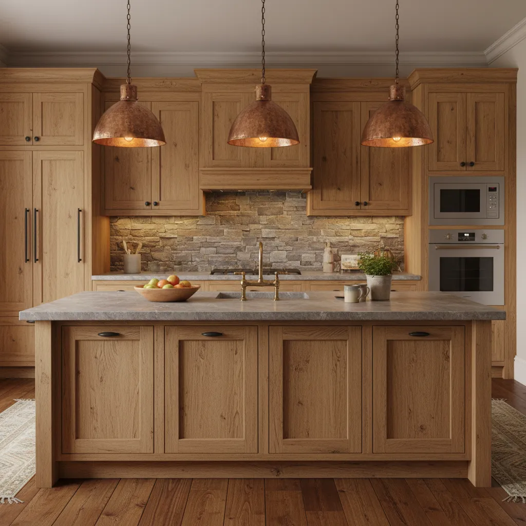 Rustic kitchen with wood cabinets, stone backsplash, large island, and three copper hanging ceiling lights