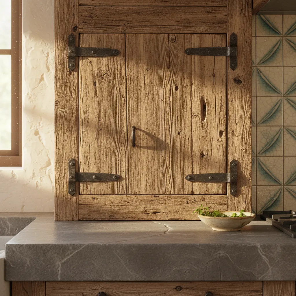 Close up of rustic wood cabinet with metal hinges on a grey stone kitchen countertop