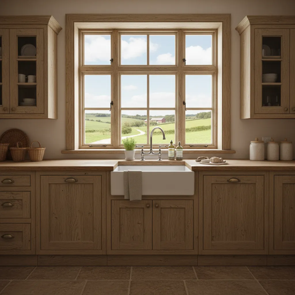 Rustic kitchen with wooden cabinets, white sink, and large window showing green fields and farm