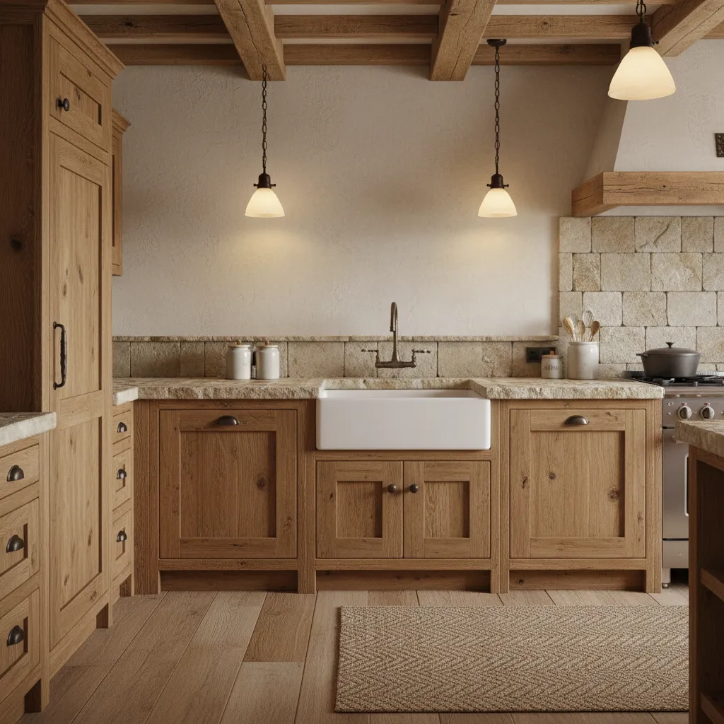 Wooden kitchen cabinets with white sink stone countertop stone wall rug and hanging ceiling lights
