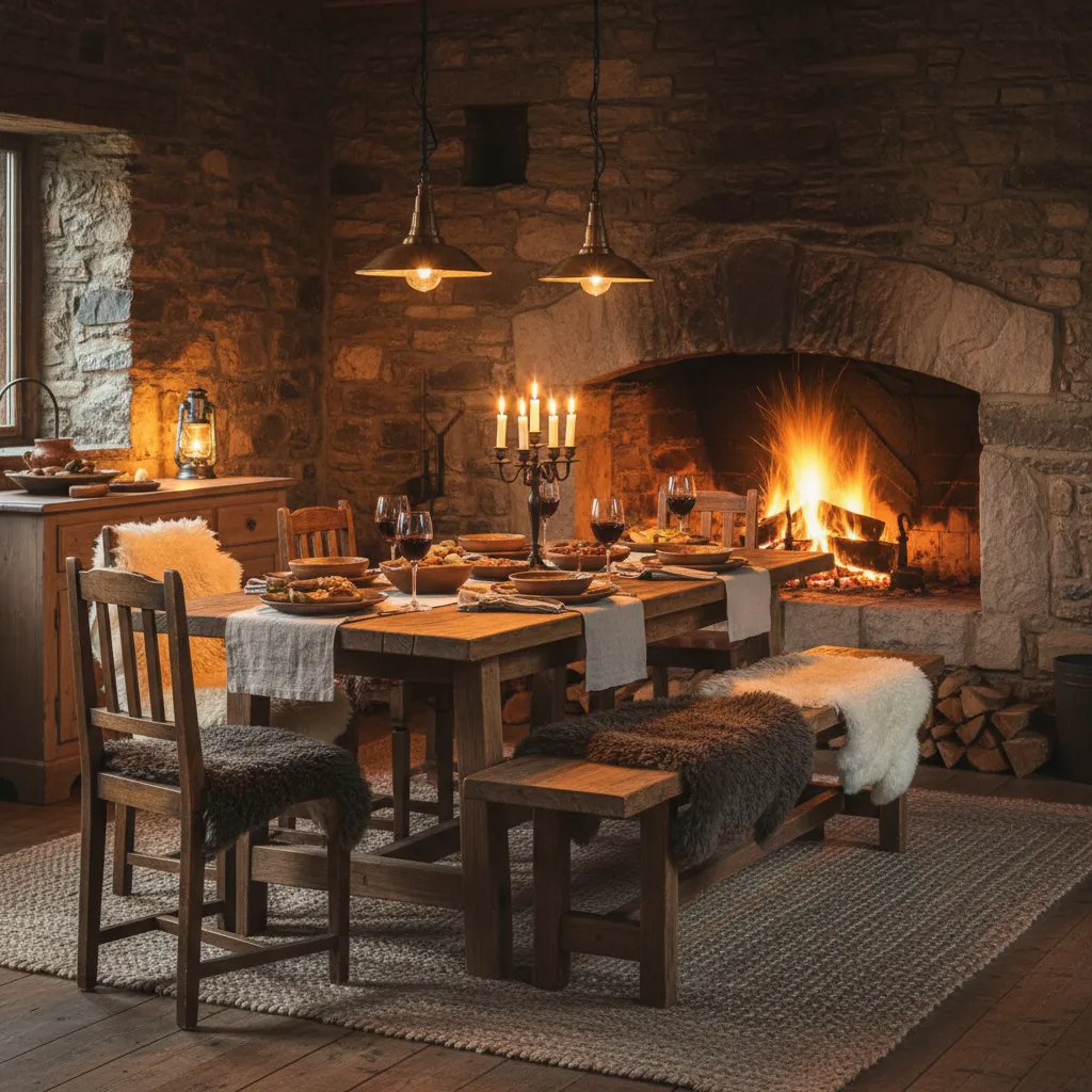Iluminación cálida en un interior rústico con lámparas colgantes