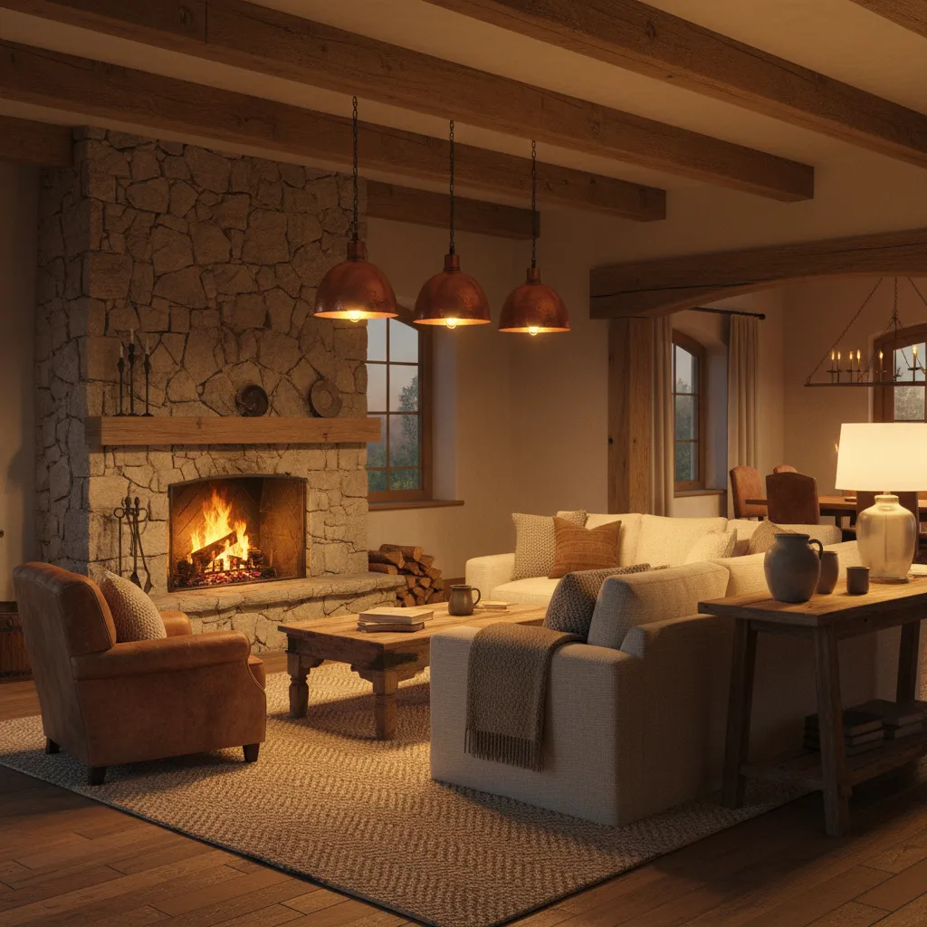 Iluminación cálida en interior rústico con lámparas metálicas