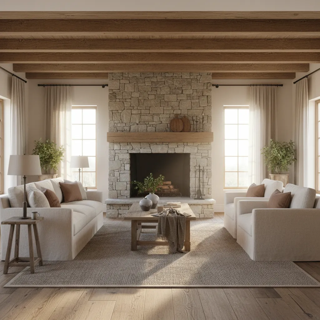 Salón rústico con vigas de madera, chimenea de piedra y decoración minimalista