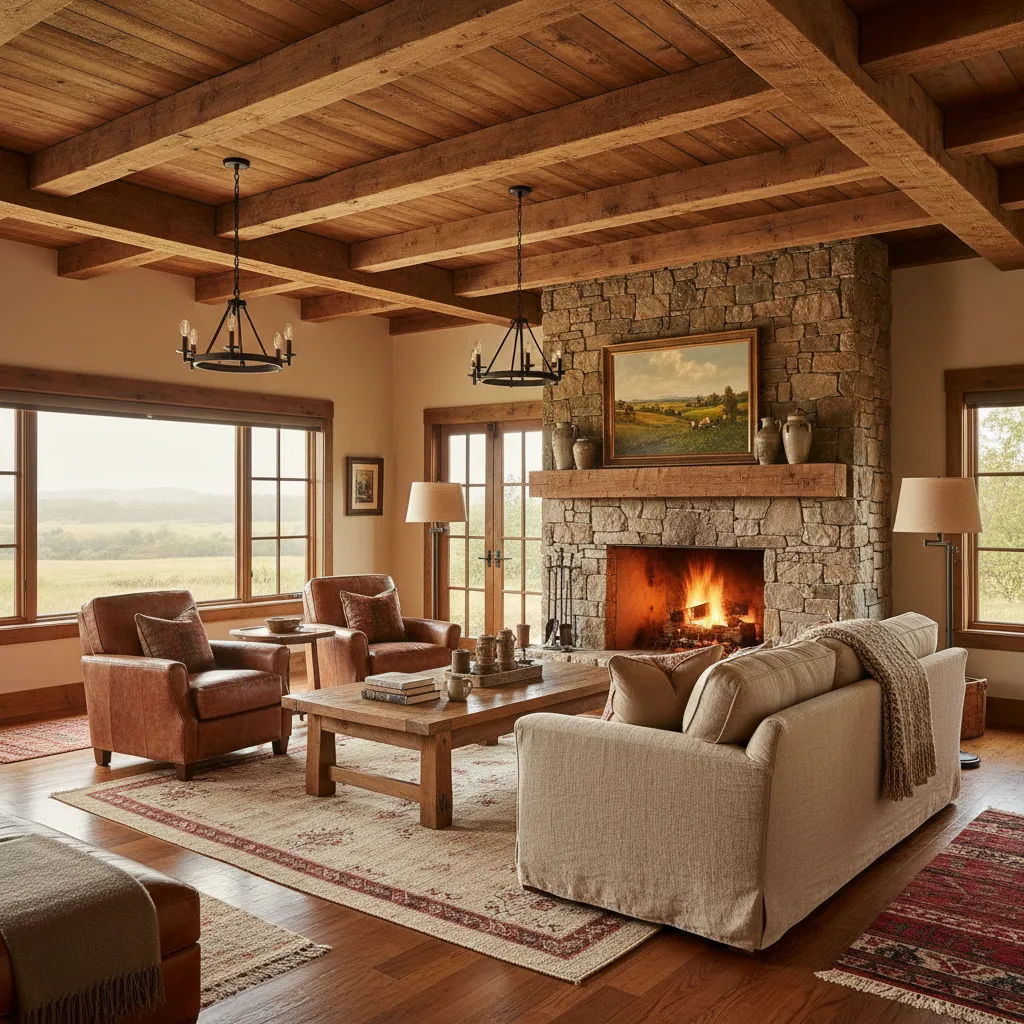 Salón rústico con vigas de madera vistas y chimenea de piedra