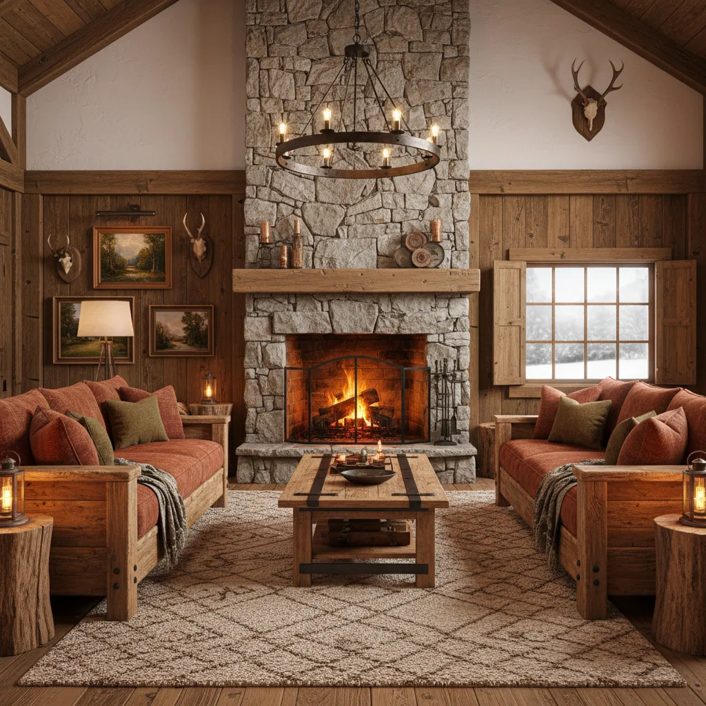 Salón rústico organizado alrededor de una chimenea
