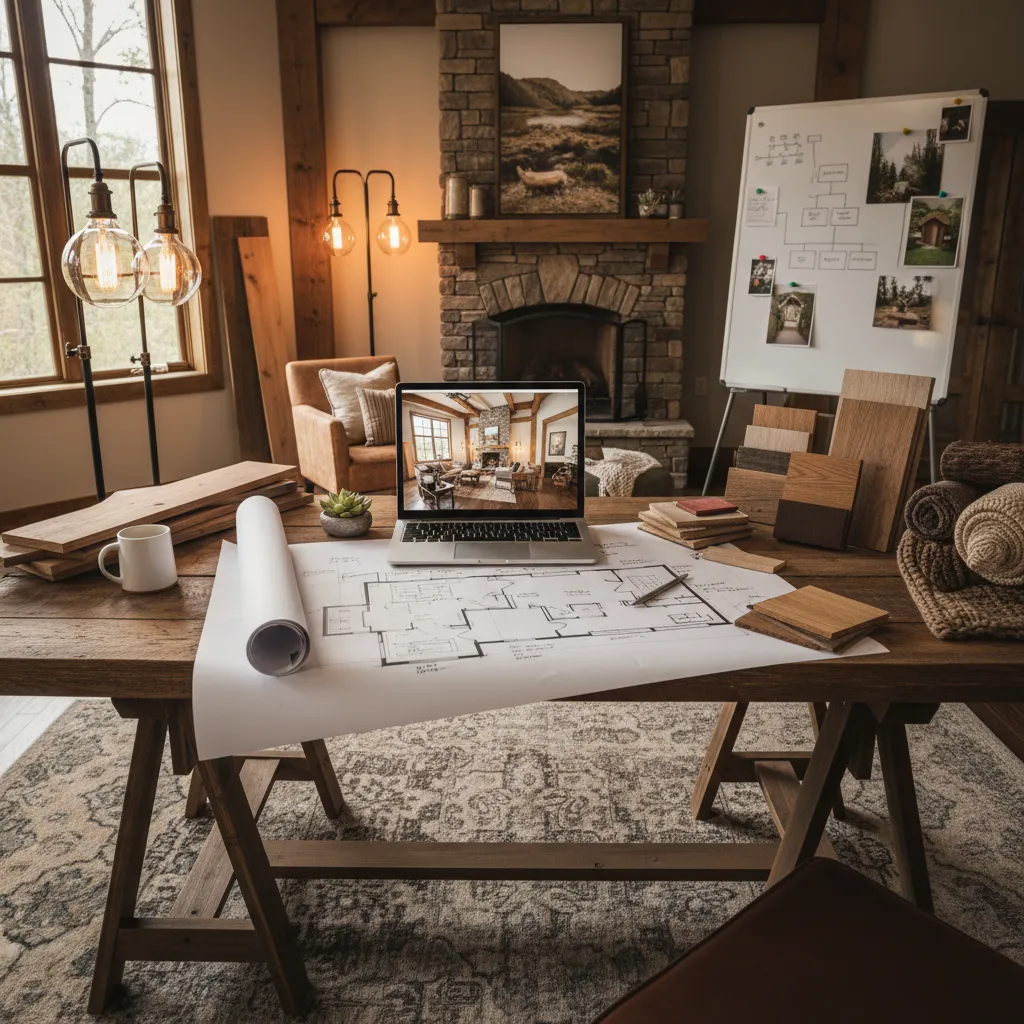 Planificación de salón rústico con distribución de muebles