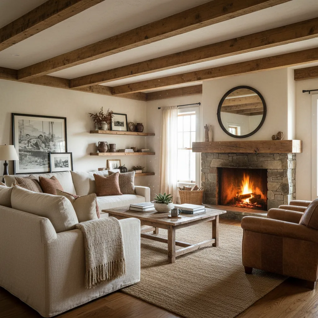 Sala rústica con vigas de madera y muebles naturales
