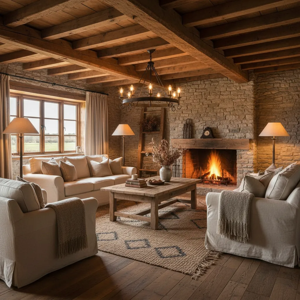 Salón rústico con mezcla de madera, piedra y textiles naturales