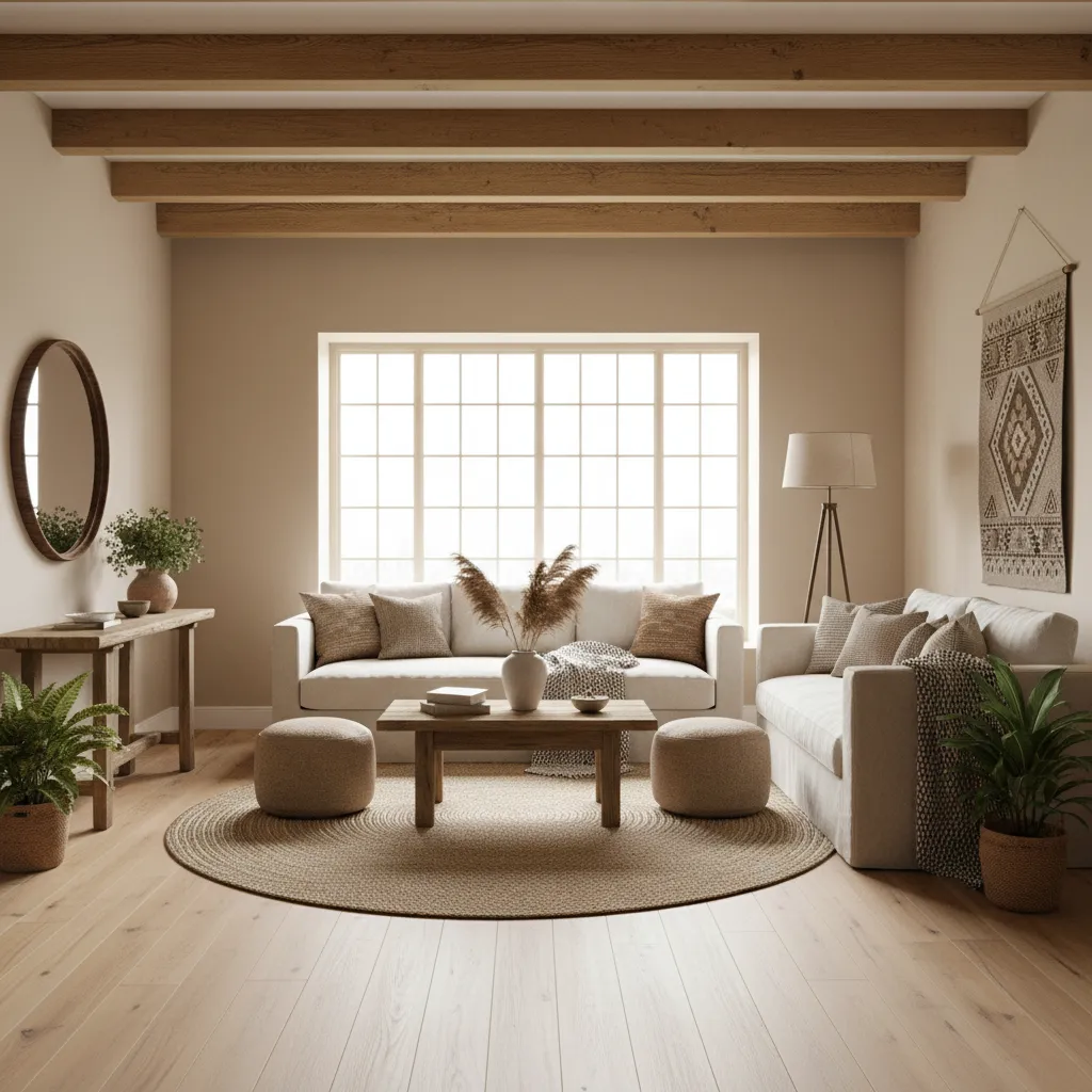 Sala rústica luminosa con madera clara y paredes neutras