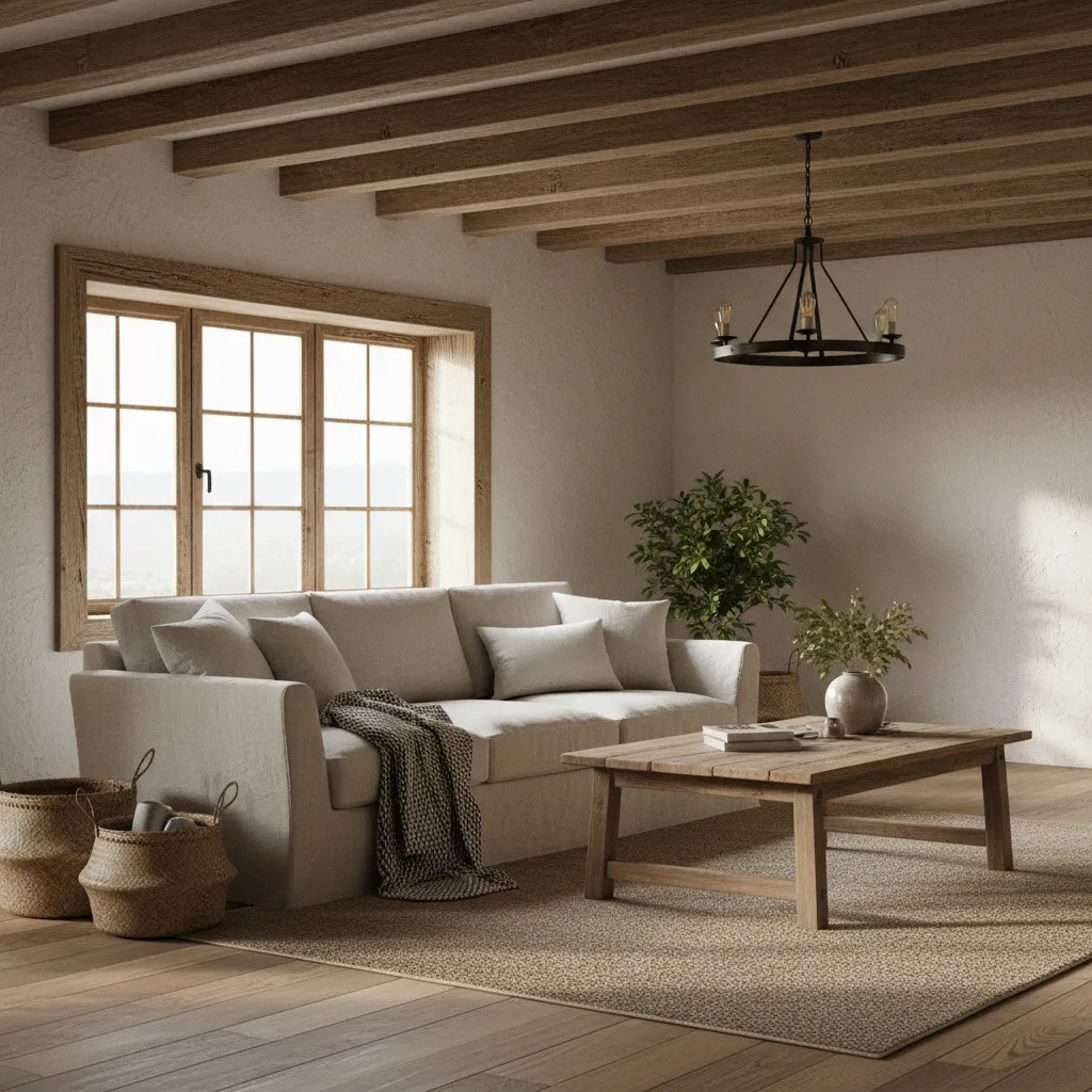 Salón rústico con vigas de madera y textiles naturales