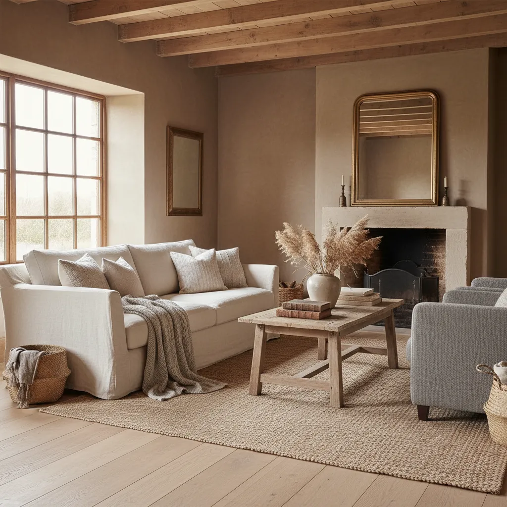 Salón rústico con sofá claro, madera natural y textiles de lino