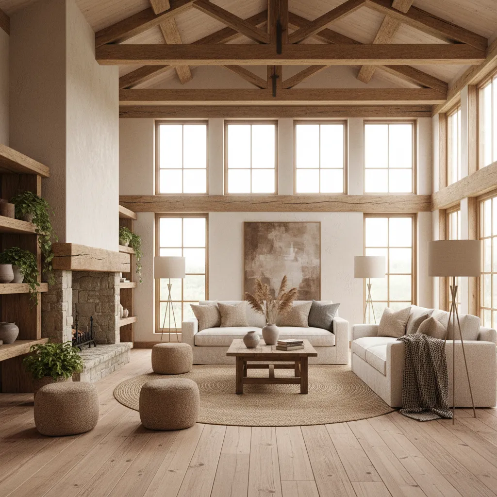 Bright living room with high wooden ceiling beams neutral sofas round footrests and many windows