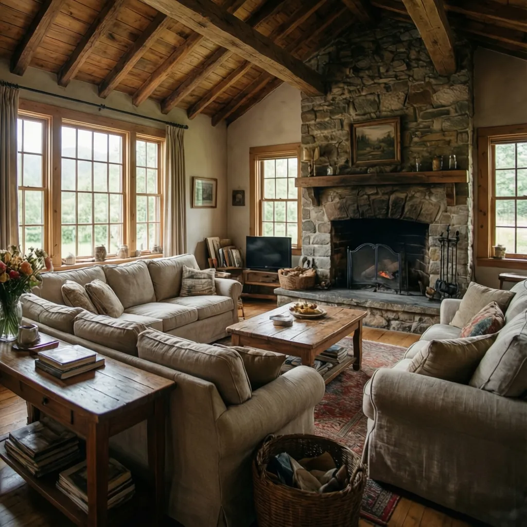 Salón rústico con vigas de madera, chimenea y grandes ventanas