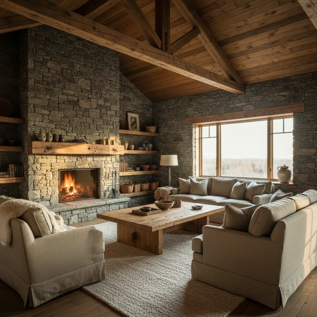 Rustic living room with stone fireplace wooden ceiling beams grey sofa armchairs and large window