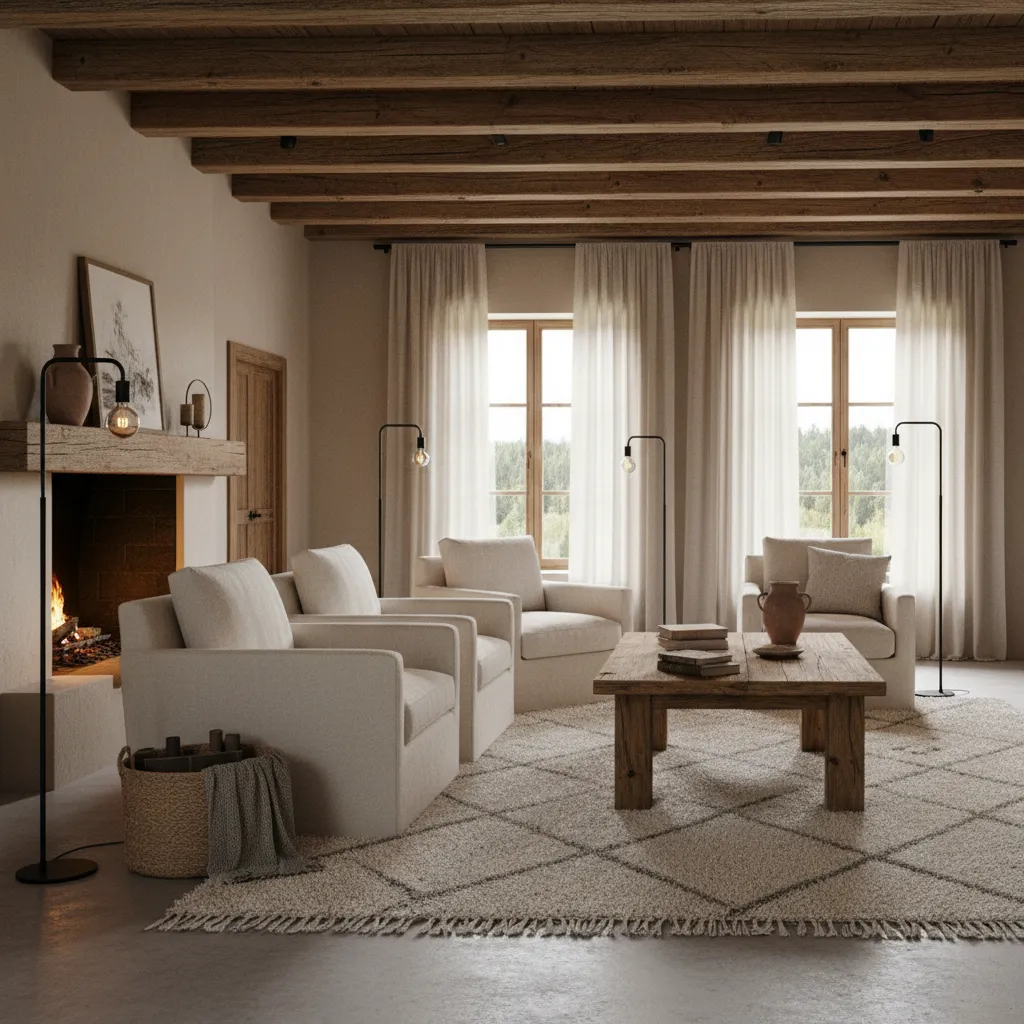 Sala rústica con madera natural y decoración minimalista