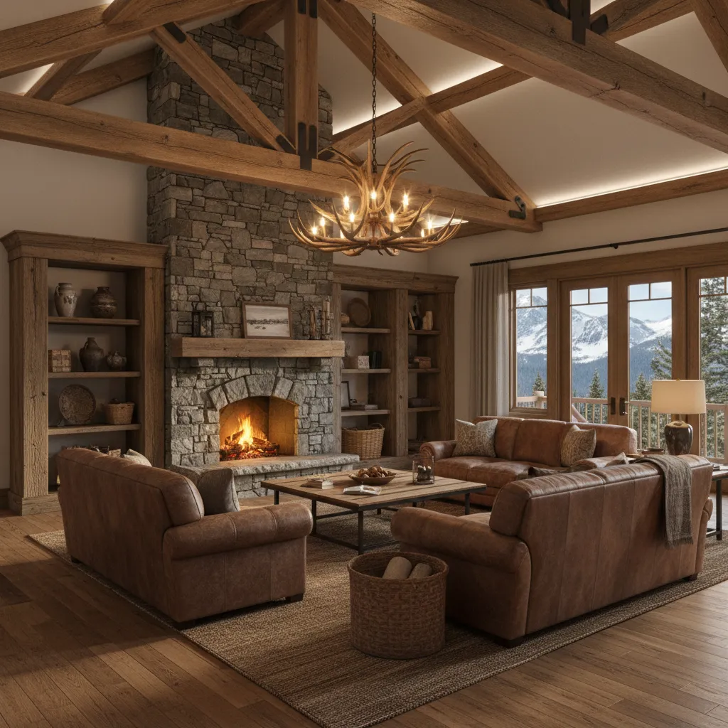 Rustic lodge living room with elk antler chandelier and stone fireplace