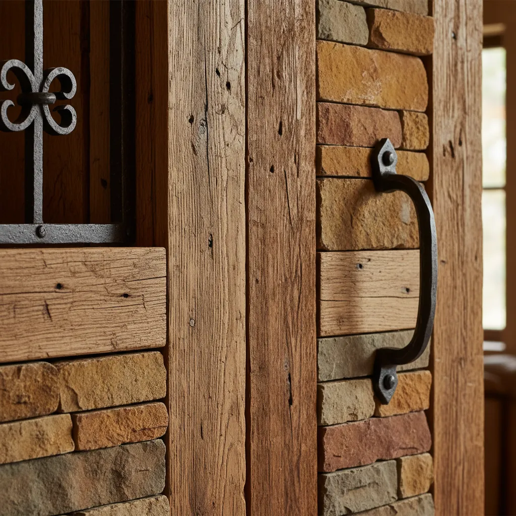 Detalle de materiales rústicos como madera, piedra y hierro