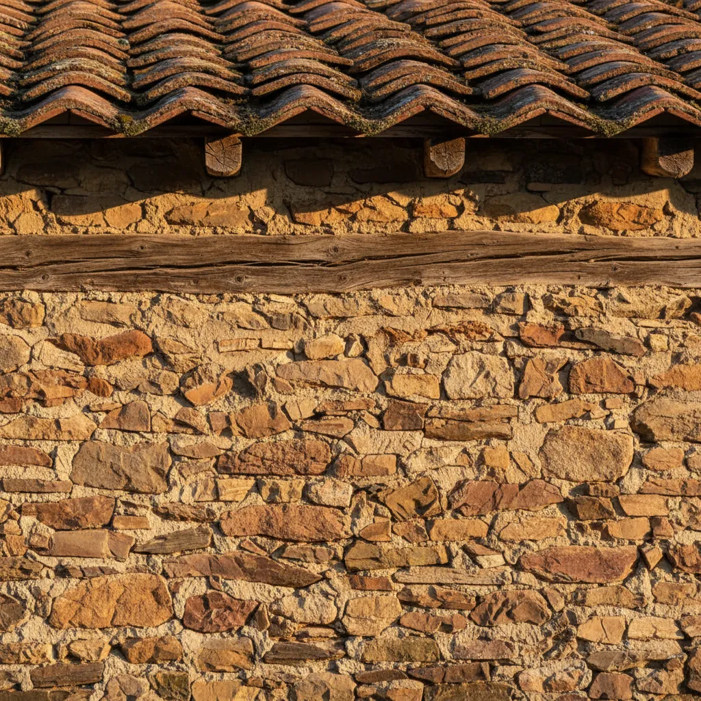 Detalle de materiales en fachada rústica con piedra y madera envejecida