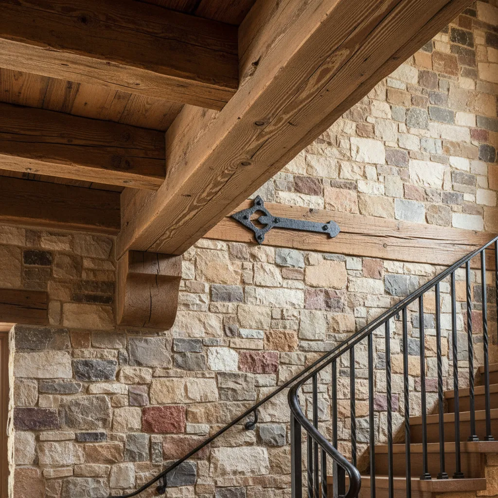 Detalle de materiales rústicos como madera, piedra y hierro