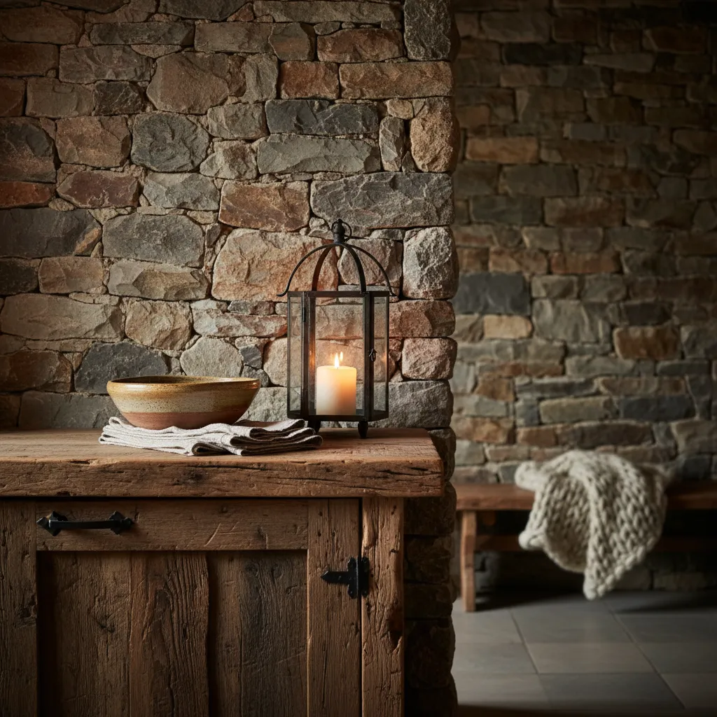 Detalle de materiales rústicos como madera y piedra en interior
