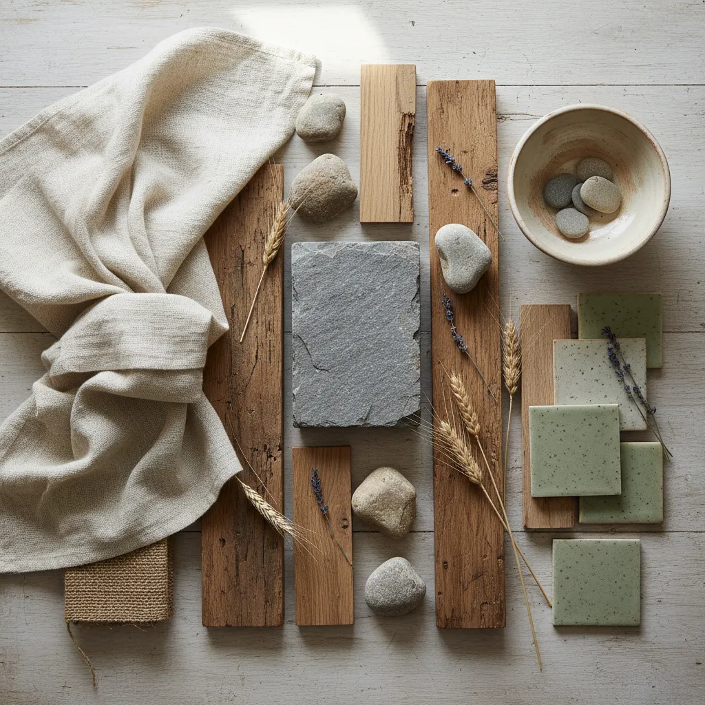 Materiales naturales utilizados en interiores rústicos como madera, piedra y lino