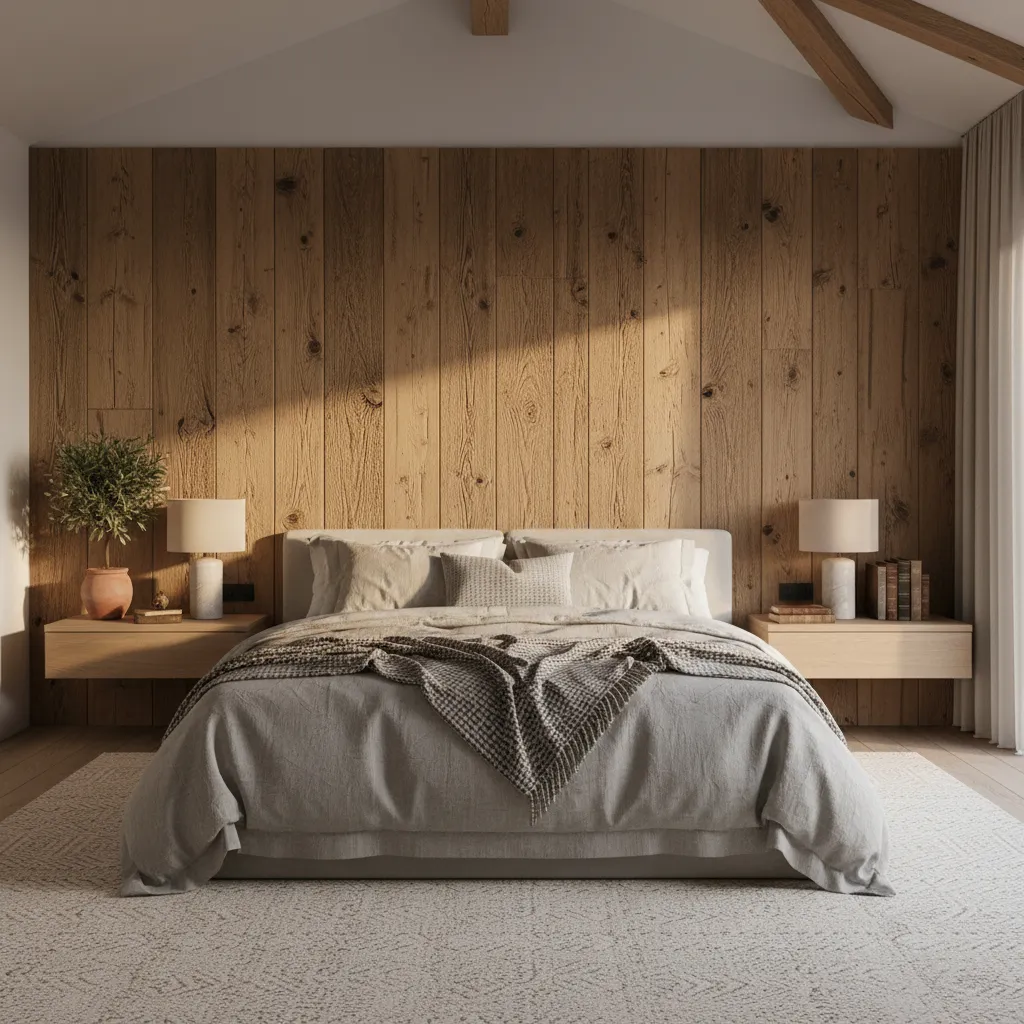 Dormitorio rústico moderno con cabecero de madera y decoración minimalista