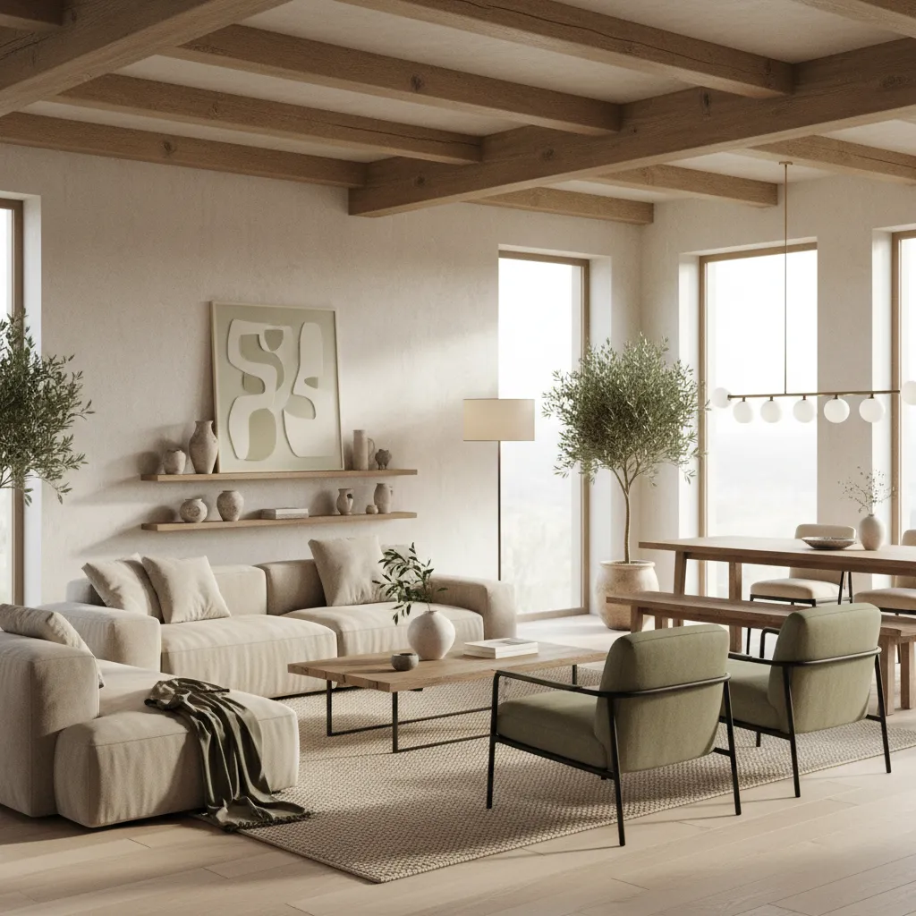 Interior con paleta de colores neutros en estilo rústico moderno