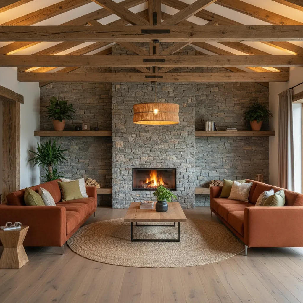 Rustic living room with stone fireplace wood beams orange sofas round rug and wooden table
