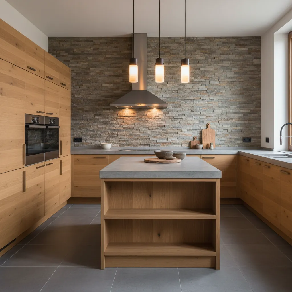 Cocina rústica moderna con madera natural y diseño contemporáneo