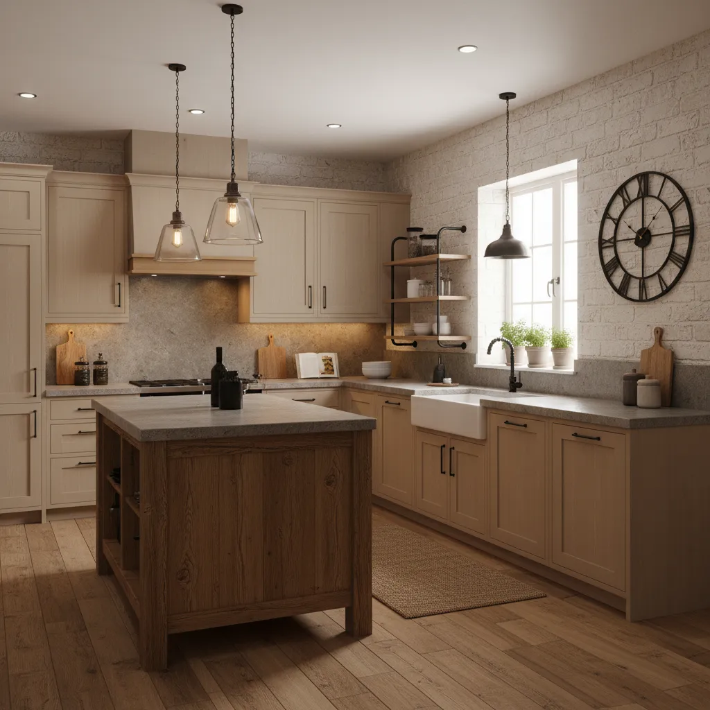 Cocina rústica moderna con madera clara y encimera de piedra