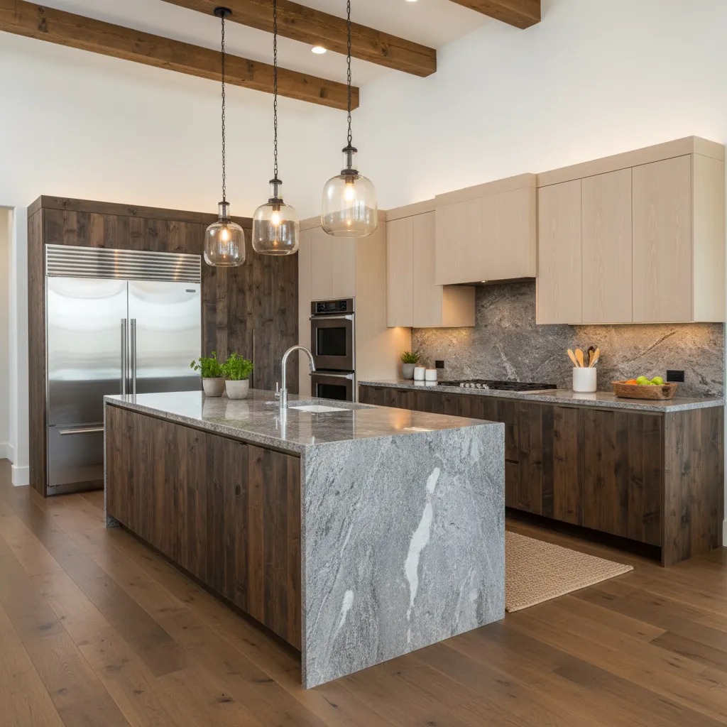 Modern kitchen featuring large grey marble island, dark wood cabinets, glass ceiling lights, and beams