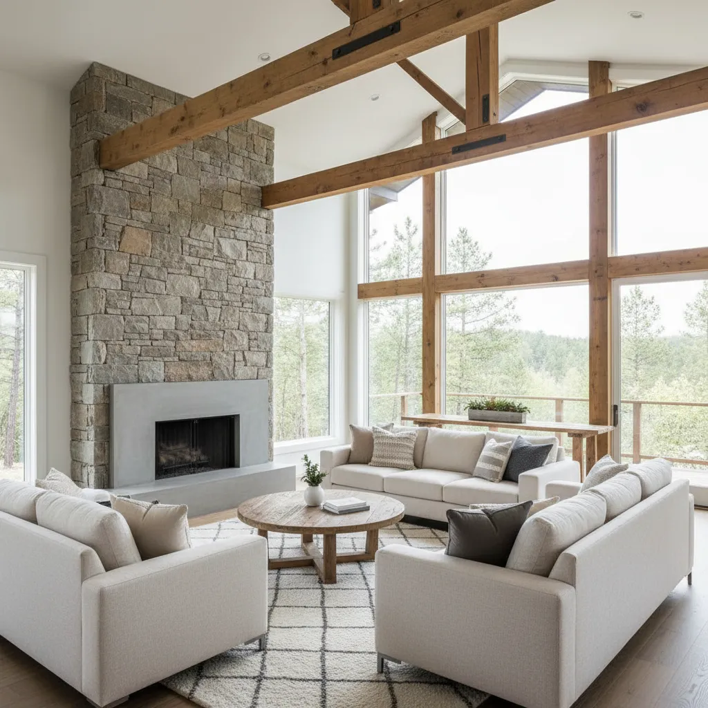 Salón rústico moderno con vigas de madera y sofá contemporáneo