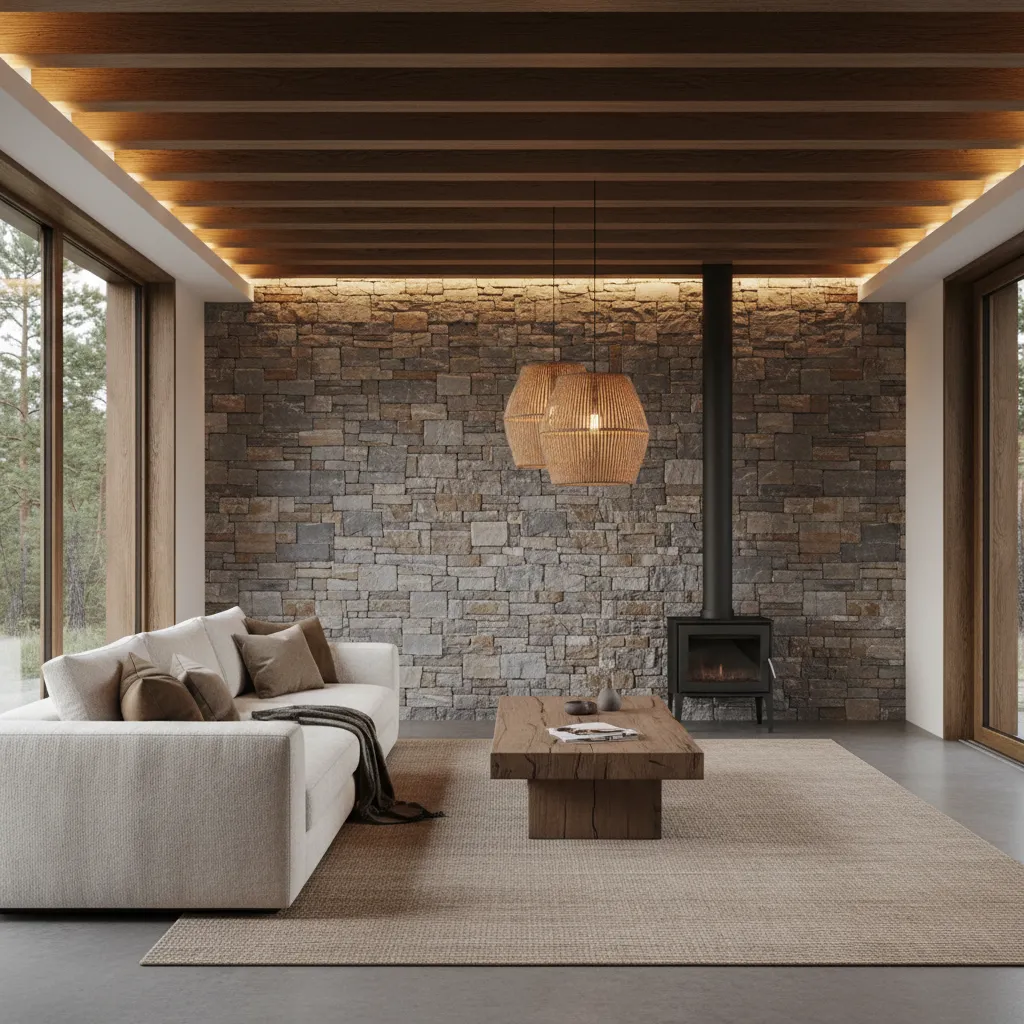 Modern living room with stone wall white sofa wooden coffee table ceiling light and black fireplace