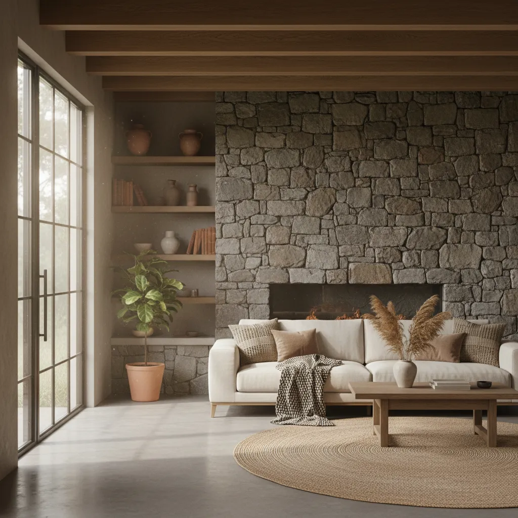 Salón rústico moderno con pared de piedra y sofá contemporáneo