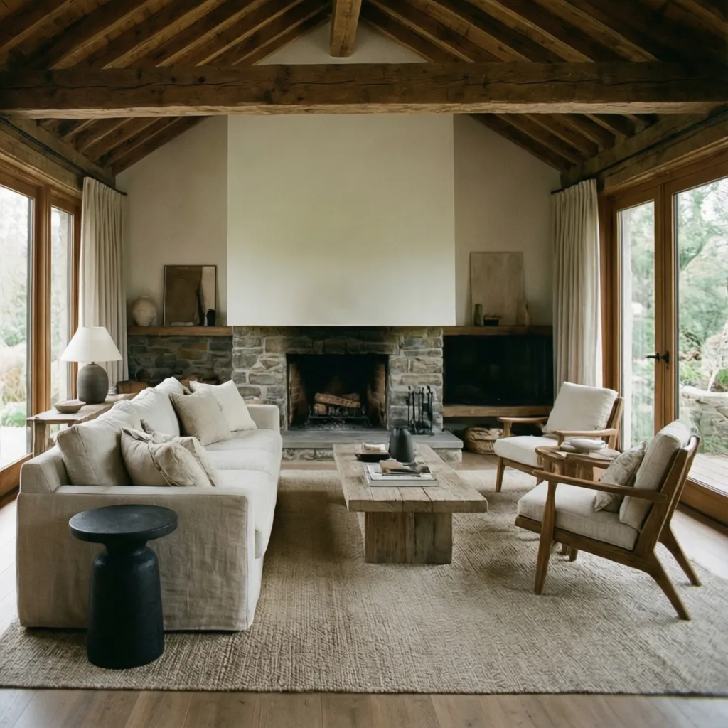 Salón rústico moderno con vigas de madera y muebles contemporáneos