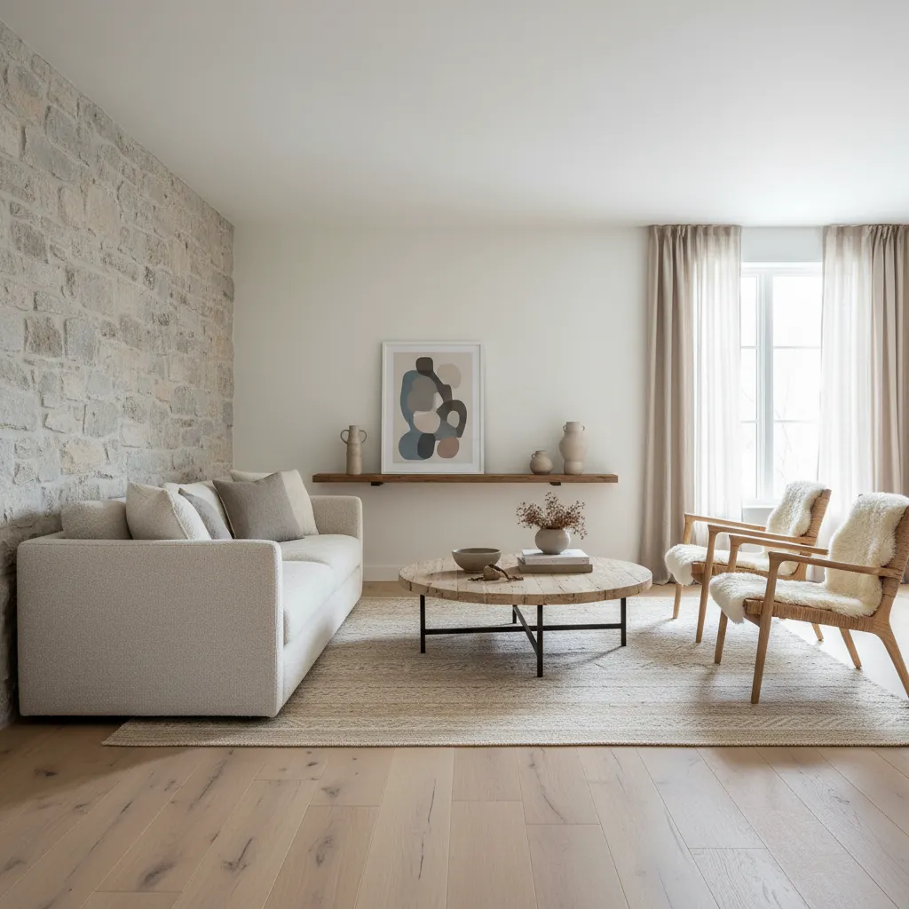 Salón rústico moderno con madera clara, sofá neutro y decoración minimalista