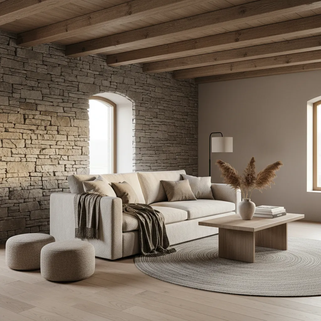 Salón rústico moderno con vigas de madera y mobiliario minimalista