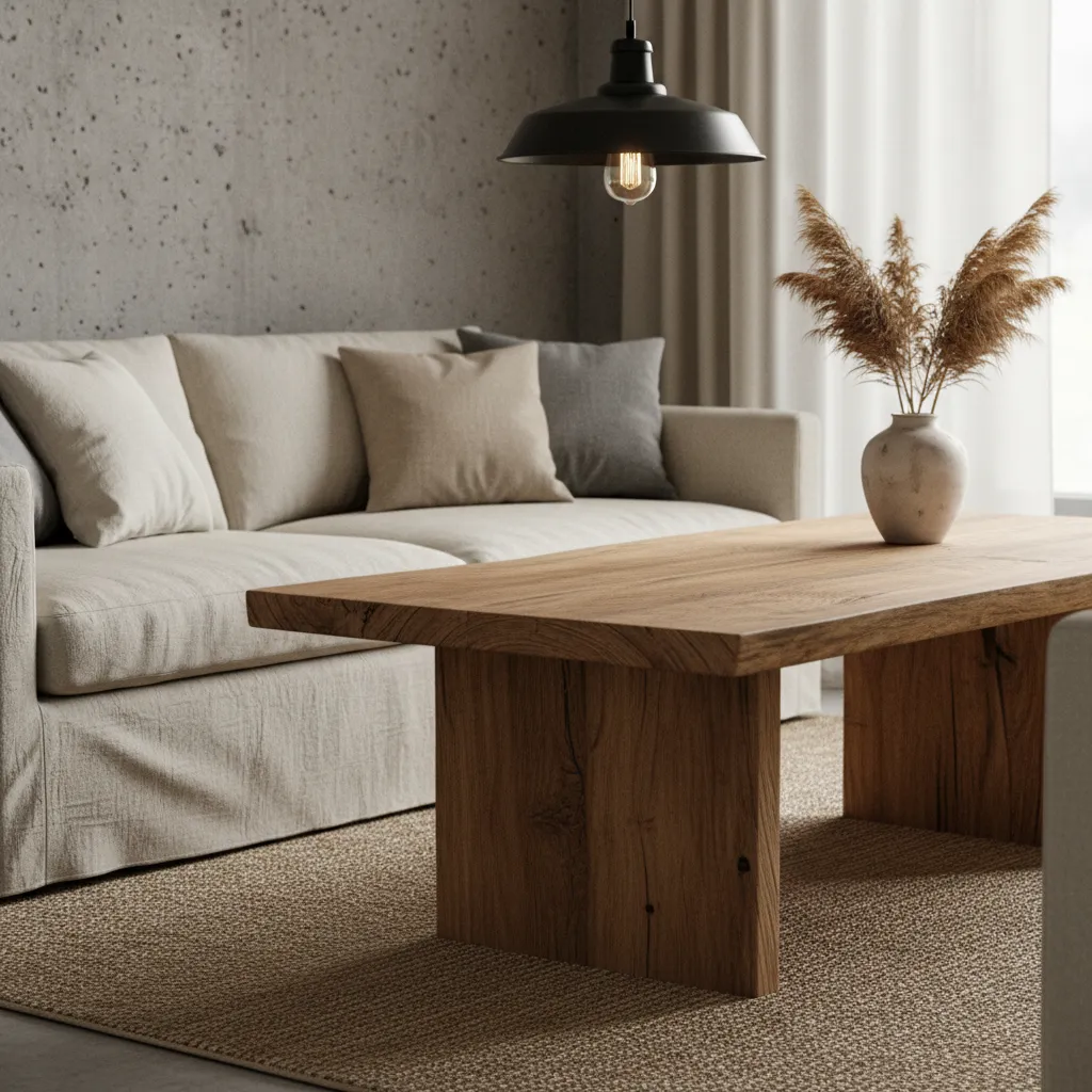 Combinación de madera natural, metal negro y textiles neutros