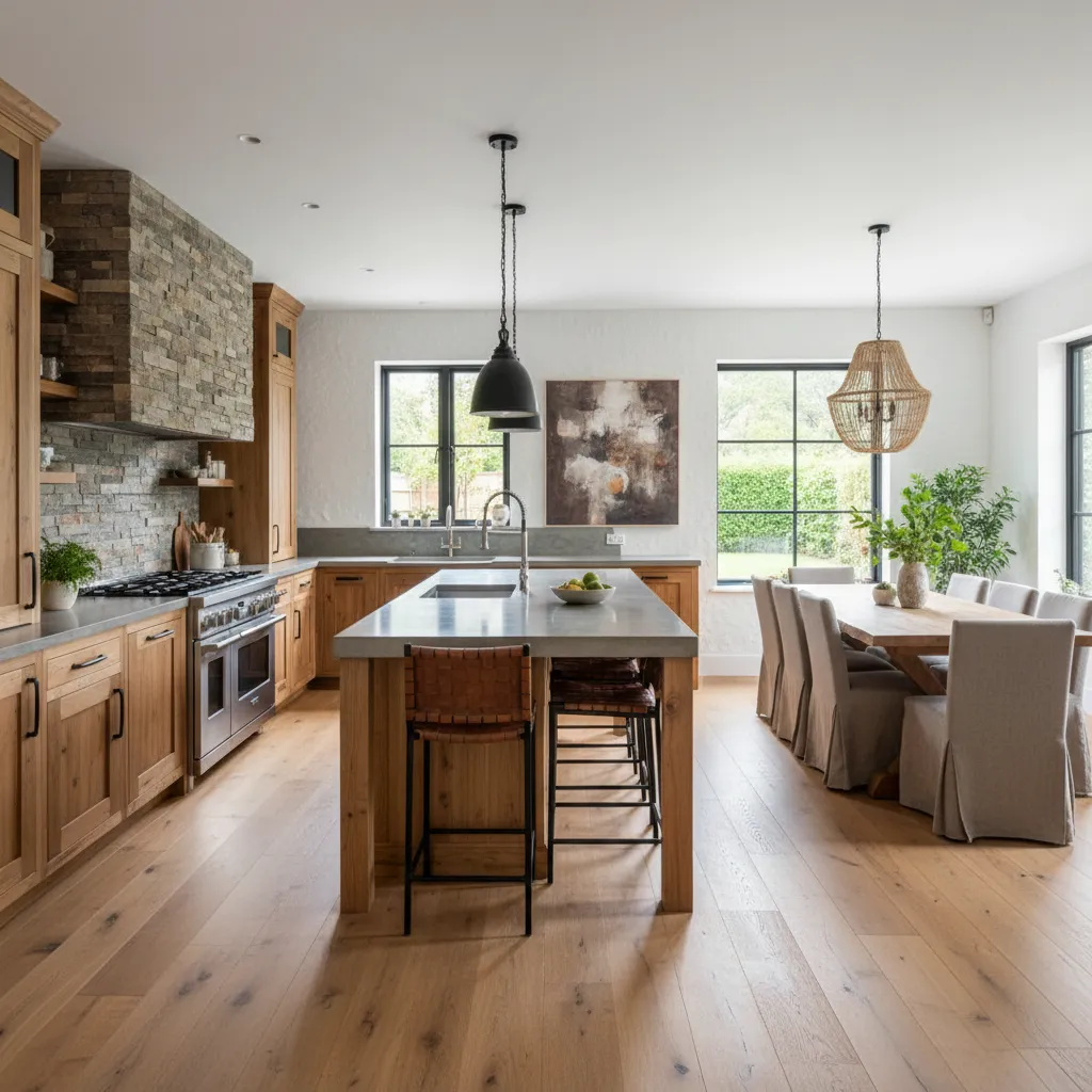 Cocina abierta rústica moderna con madera, isla central y lámparas contemporáneas