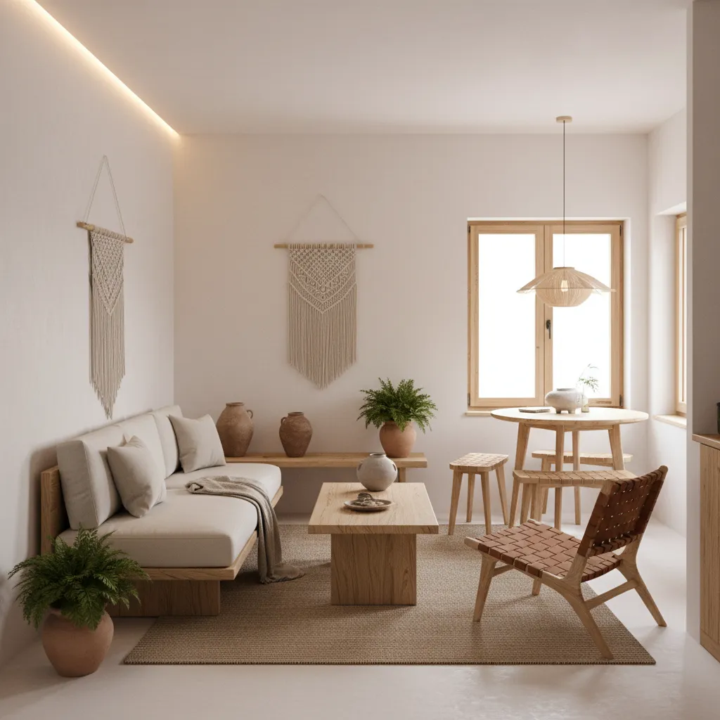 Interior pequeño con mezcla de estilo rústico y moderno