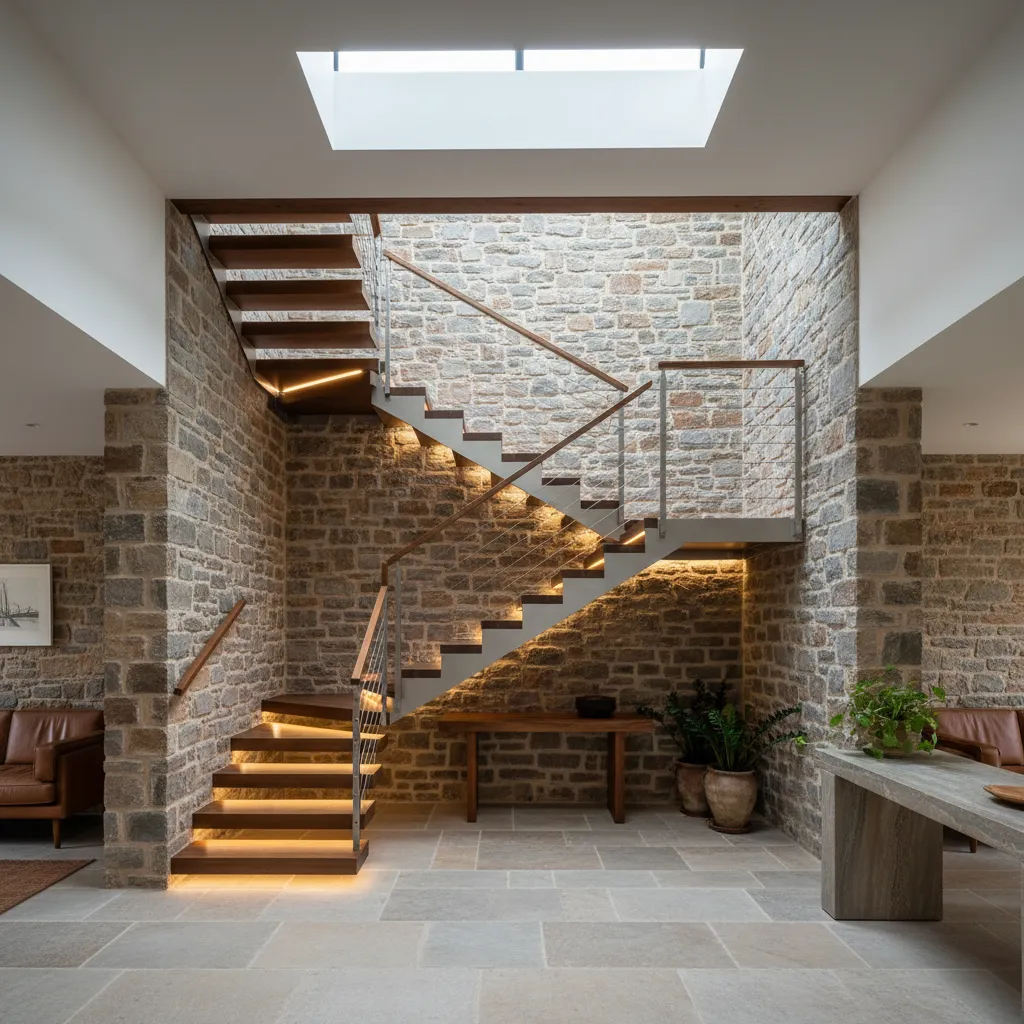 Escalera interior moderna dentro de una casa de piedra