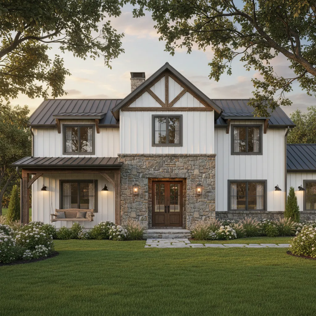 Farmhouse exterior with added wood beams and darker accents transitioning to rustic style
