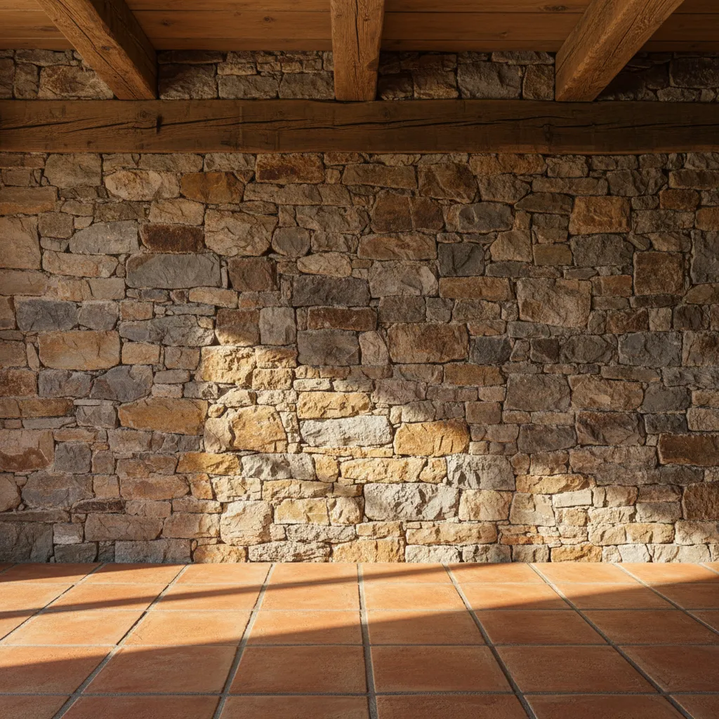 Materiales naturales en casa rústica como piedra, madera y suelo de barro